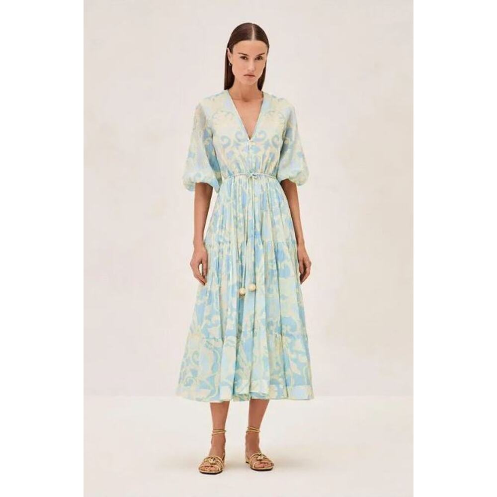 NWT Alexis Vine Print Vilas Tiered Tie Waist Midi Dress Blue Women's Size Small
